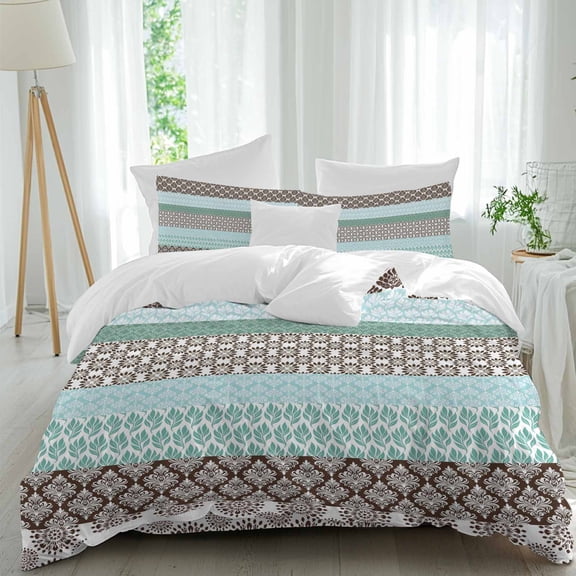 Queen 4 Piece Bedding Set Bohemian Teal Geometric Stripes Soft Breathable Duvet Cover and Pillowcase,Tribal Ethnic Style Duvet Cover Set Washable Bed Sheets for Bedroom Dormitory Guest Room