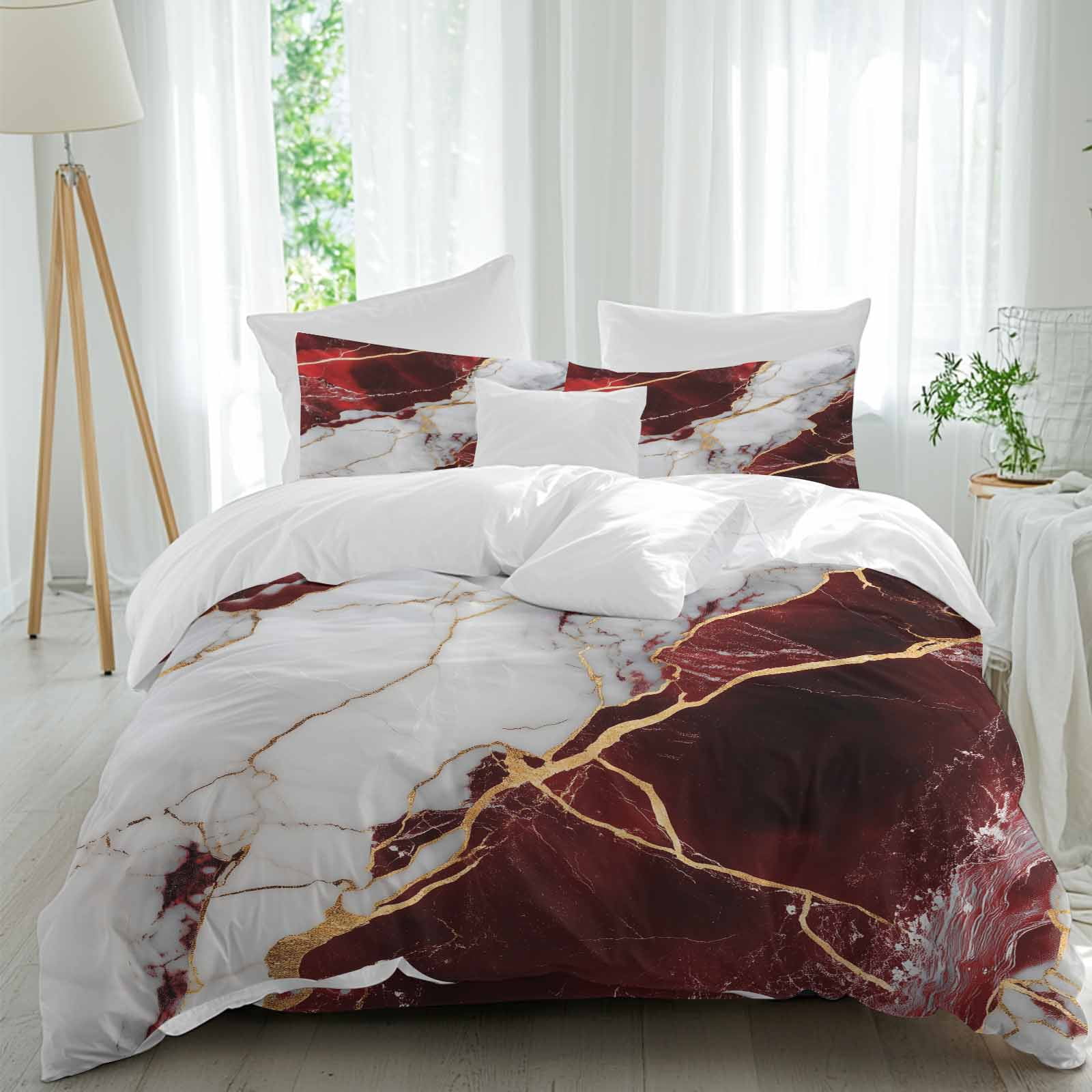 Queen 4 Piece Bedding Set Burgundy Red White Marble Soft Breathable Duvet Cover and Pillowcase, Modern Abstract Stone Crack Texture Duvet Cover Set Bed Sheets for Bedroom Dormitory Guest Room