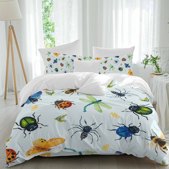 Queen 4 Piece Bedding Set Butterfly Dragonfly Spiders Ladybirds Soft Breathable Duvet Cover and Pillowcase, Natural Insects Seamless Duvet Cover Set Bed Sheets for Bedroom Dormitory Guest Room