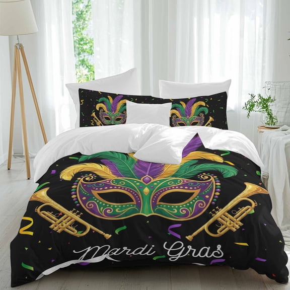 Queen 4 Piece Bedding Set Carnival Mask Feather Trumpet Soft Breathable Duvet Cover and Pillowcase, Celebration Ribbon on Black Duvet Cover Set Bed Sheets for Bedroom Dormitory Guest Room