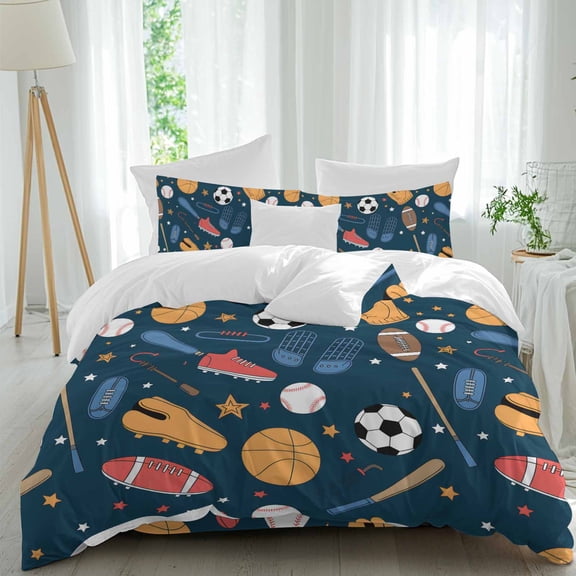 Queen 4 Piece Bedding Set Cartoon Sports Elements Soft Breathable Duvet Cover and Pillowcase,Soccer Baseball Rugby Duvet Cover Set Washable Bed Sheets for Bedroom Dormitory Guest Room