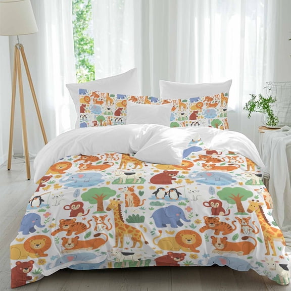 Queen 4 Piece Bedding Set Cartoon Watercolor Zoo Animals Soft Breathable Duvet Cover and Pillowcase,Cute Lion Tiger Monkey Bear Duvet Cover Set Washable Bed Sheets for Bedroom Dormitory Guest Room
