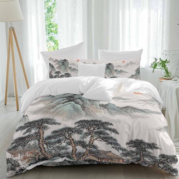 Queen 4 Piece Bedding Set Chinese Mountains Trees Sun Sailboats Soft Breathable Duvet Cover and Pillowcase, Abstract Art Duvet Cover Set Bed Sheets for Bedroom Dormitory Guest Room