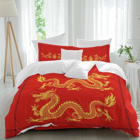 Queen 4 Piece Bedding Set Chinese Spring Festival Soft Breathable Duvet Cover and Pillowcase, New Year Dragons on Red under Duvet Cover Set Bed Sheets for Bedroom Dormitory Guest Room