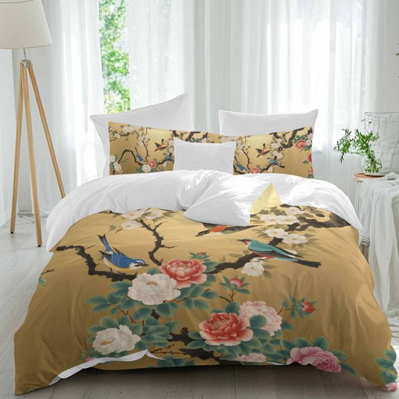 Queen 4 Piece Bedding Set Chinese Style Peony Rose Bird on Yellow Soft Breathable Duvet Cover and Pillowcase, Watercolor Floral Duvet Cover Set Bed Sheets for Bedroom Dormitory Guest Room