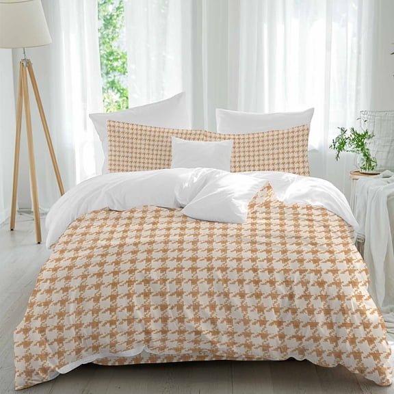 Queen 4 Piece Bedding Set Classic Beige Khaki Houndstooth Pattern Soft Breathable Duvet Cover and Pillowcase, Vintage Farm Checker Duvet Cover Set Bed Sheets for Bedroom Dormitory Guest Room