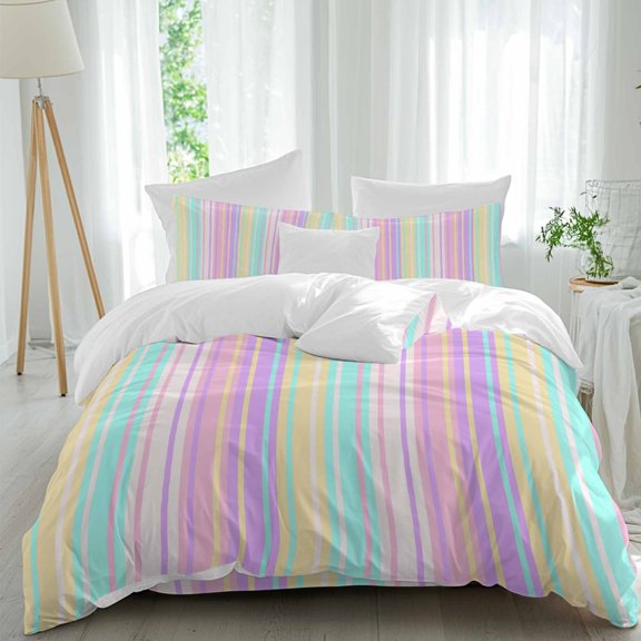 Queen 4 Piece Bedding Set Classic Geometric Stripe Soft Breathable Duvet Cover and Pillowcase,Modern Colorful Line Duvet Cover Set Washable Bed Sheets for Bedroom Dormitory Guest Room
