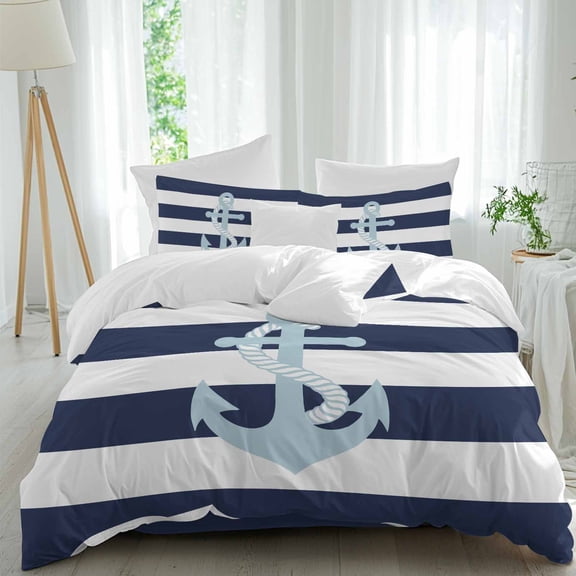 Queen 4 Piece Bedding Set Classic Nautical Anchor Soft Breathable Duvet Cover and Pillowcase,Navy Blue White Striped Duvet Cover Set Washable Bed Sheets for Bedroom Dormitory Guest Room