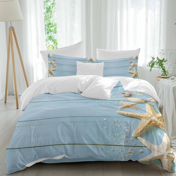 Queen 4 Piece Bedding Set Coastal Farm Blue Wood Grain Soft Breathable Duvet Cover and Pillowcase,Starfish Shells on Wooden Board Duvet Cover Set Washable Bed Sheets for Bedroom Dormitory Guest Room