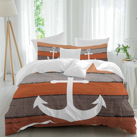 Queen 4 Piece Bedding Set Coastal Nautical Compass Orange Gradient Soft Breathable Duvet Cover and Pillowcase,Vintage Farm Wood Board Duvet Cover Set Bed Sheets for Bedroom Dormitory Guest Room