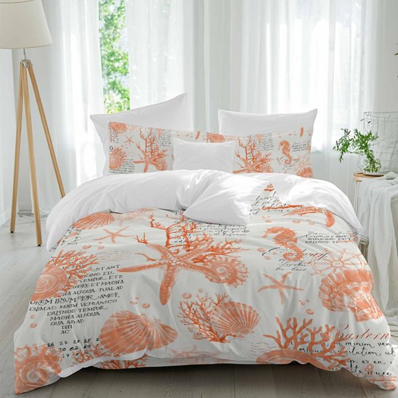 Queen 4 Piece Bedding Set Coastal Orange Starfish Shell Soft Breathable Duvet Cover and Pillowcase,Vintage Seahorse Coral Duvet Cover Set Washable Bed Sheets for Bedroom Dormitory Guest Room