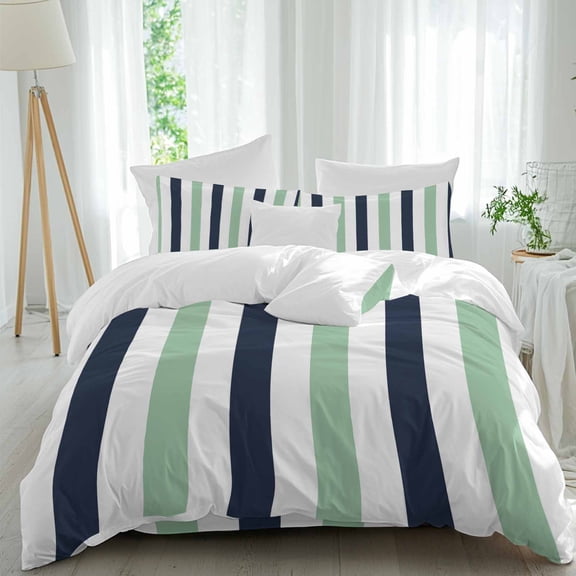 Queen 4 Piece Bedding Set Color-blocking Watercolor Stripe Soft Breathable Duvet Cover and Pillowcase,Simple Navy Green Striped Duvet Cover Set Washable Bed Sheets for Bedroom Dormitory Guest Room