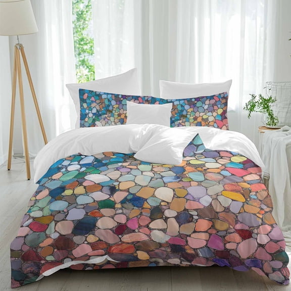 Queen 4 Piece Bedding Set Colorful Abstract Pebble Stone Soft Breathable Duvet Cover and Pillowcase, Retro Tiles Mosaic Pattern Duvet Cover Set Bed Sheets for Bedroom Dormitory Guest Room