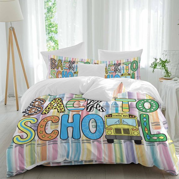 Queen 4 Piece Bedding Set Colorful Crayon School Bus Soft Breathable Duvet Cover and Pillowcase, Back to School Season Duvet Cover Set Bed Sheets for Bedroom Dormitory Guest Room