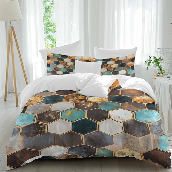 Queen 4 Piece Bedding Set Colorful Moroccan Abstract Geometric Soft Breathable Duvet Cover and Pillowcase,Gold Lattice Hexagon Duvet Cover Set Washable Bed Sheets for Bedroom Dormitory Guest Room