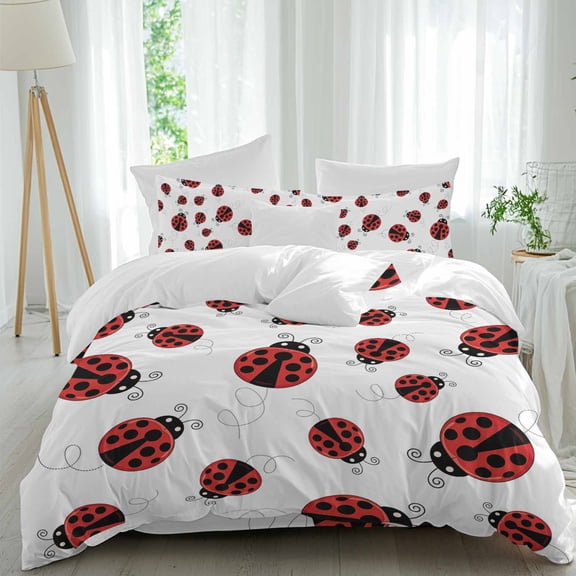 Queen 4 Piece Bedding Set Country Ladybug Pastoral Animal Soft Breathable Duvet Cover and Pillowcase,Watercolor Red Black Dot Duvet Cover Set Washable Bed Sheets for Bedroom Dormitory Guest Room