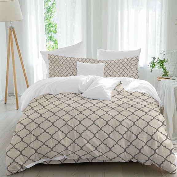 Queen 4 Piece Bedding Set Country Morocco Tile Geometric Pattern Soft Breathable Duvet Cover and Pillowcase, Vintage Brown Gray Duvet Cover Set Bed Sheets for Bedroom Dormitory Guest Room