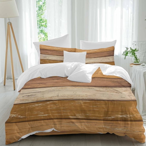 Queen 4 Piece Bedding Set Country Retro Wood Board Soft Breathable Duvet Cover and Pillowcase,Abstract Ginger Yellow Striped Duvet Cover Set Washable Bed Sheets for Bedroom Dormitory Guest Room