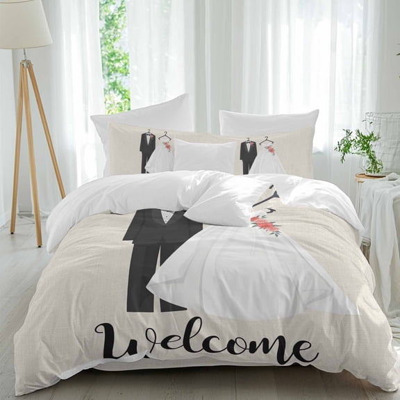 Queen 4 Piece Bedding Set Couple Wedding Dress Soft Breathable Duvet Cover and Pillowcase, Modern Simple Romantic Art Duvet Cover Set Bed Sheets for Bedroom Dormitory Guest Room