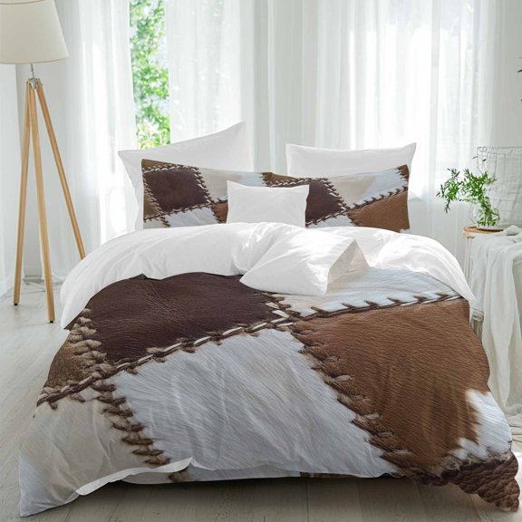 Queen 4 Piece Bedding Set Cowhide Leather Animal Skin Texture Soft Breathable Duvet Cover and Pillowcase, Abstract Collage Art Duvet Cover Set Bed Sheets for Bedroom Dormitory Guest Room