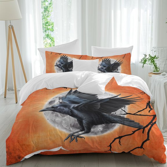 Queen 4 Piece Bedding Set Crow Halloween Horror Dead Branch Soft Breathable Duvet Cover with Pillow Shams, Moon Orange Gradient Back Duvet Cover Set Bed Sheets for Bedroom Dormitory Guest Room