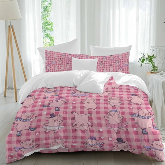 Queen 4 Piece Bedding Set Cute Cartoon Pig Pink Buffalo Plaid Soft Breathable Duvet Cover and Pillowcase, Happy Children's Day Duvet Cover Set Bed Sheets for Bedroom Dormitory Guest Room