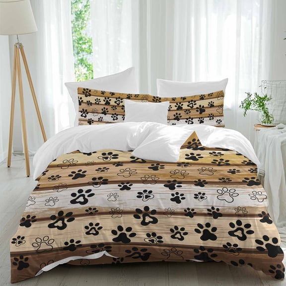 Queen 4 Piece Bedding Set Cute Dog Paw Print Farm Wood Board Soft Breathable Duvet Cover and Pillowcase,Pet Footprint Shadow Duvet Cover Set Washable Bed Sheets for Bedroom Dormitory Guest Room