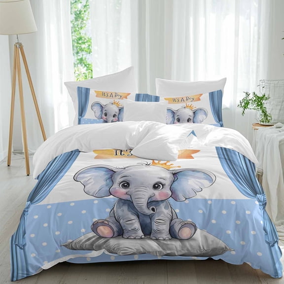 Queen 4 Piece Bedding Set Cute Elephant Cartoon Animal Soft Breathable Duvet Cover and Pillowcase,Polka Dot Blue Back Duvet Cover Set Washable Bed Sheets for Bedroom Dormitory Guest Room