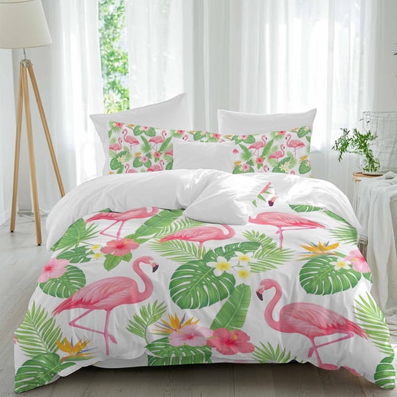 Queen 4 Piece Bedding Set Cute Flamingo Tropical Leaves Soft Breathable Duvet Cover and Pillowcase, Summer Wild Flower Duvet Cover Set Bed Sheets for Bedroom Dormitory Guest Room