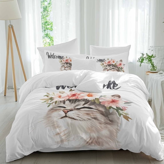 Queen 4 Piece Bedding Set Cute Kitty Pink Flowers Soft Breathable Duvet Cover with Pillow Shams, Welcome Words Country Floral Duvet Cover Set Bed Sheets for Bedroom Dormitory Guest Room