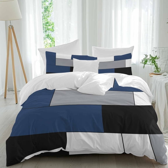 Queen 4 Piece Bedding Set Dark Blue Color Block Abstract Geometric Soft Breathable Duvet Cover and Pillowcase,Gray Black Patchwork Duvet Cover Set Washable Bed Sheets for Bedroom Dormitory Guest Room