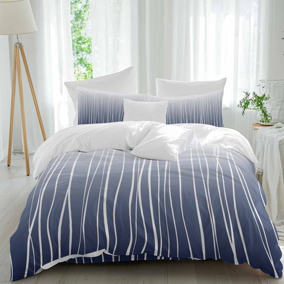 Queen 4 Piece Bedding Set Dark Blue Gradient Soft Breathable Duvet Cover and Pillowcase,White Stripe Minimalist Art Duvet Cover Set Washable Bed Sheets for Bedroom Dormitory Guest Room