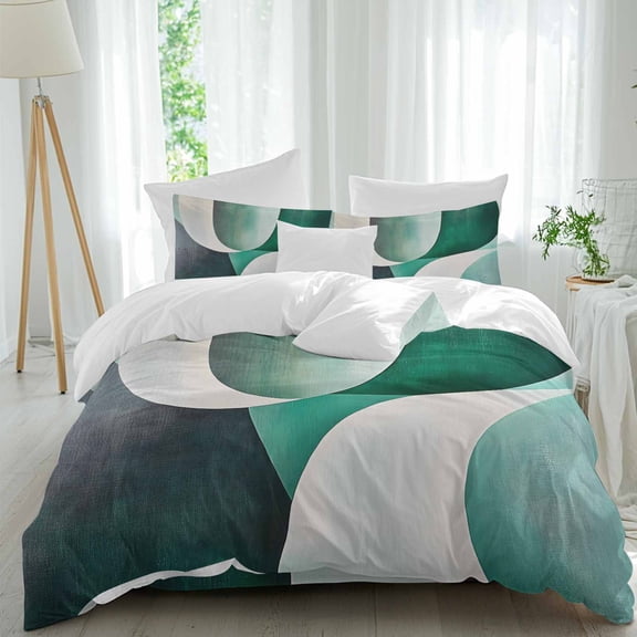 Queen 4 Piece Bedding Set Dark Green Color Block Abstract Geometric Soft Breathable Duvet Cover and Pillowcase,Circular Gradient Watercolor Duvet Cover Set Bed Sheets for Bedroom Dormitory Guest Room