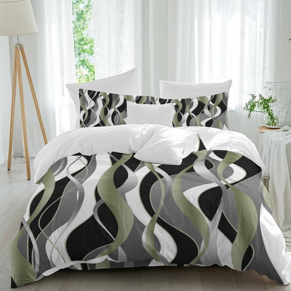 Queen 4 Piece Bedding Set Distortion Sage Green Stripes Soft Breathable Duvet Cover and Pillowcase,Abstract Geometric Art Duvet Cover Set Washable Bed Sheets for Bedroom Dormitory Guest Room