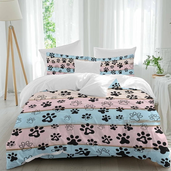 Queen 4 Piece Bedding Set Dog Paw on Colorful Wooden Texture Soft Breathable Duvet Cover and Pillowcase,Vintage Farmhouse Duvet Cover Set Washable Bed Sheets for Bedroom Dormitory Guest Room
