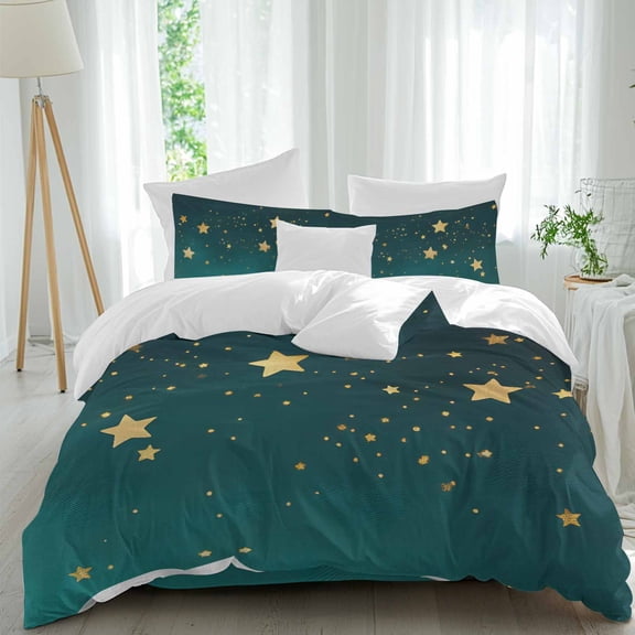 Queen 4 Piece Bedding Set Dream Yellow Star on Teal Blue Soft Breathable Duvet Cover and Pillowcase, Night Starry Sky Duvet Cover Set Bed Sheets for Bedroom Dormitory Guest Room