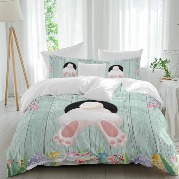 Queen 4 Piece Bedding Set Easter Day Bunny Tail Egg Spring Floral Soft Breathable Duvet Cover and Pillowcase, Farm Vintage Teal Wood Grain Duvet Cover Set Bed Sheets for Bedroom Dormitory Guest Room
