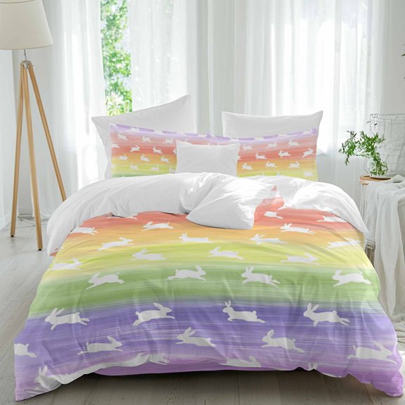 Queen 4 Piece Bedding Set Easter Rabbit Silhouette Soft Breathable Duvet Cover and Pillowcase, Seamless Bunny Rainbow Graffiti Duvet Cover Set Bed Sheets for Bedroom Dormitory Guest Room