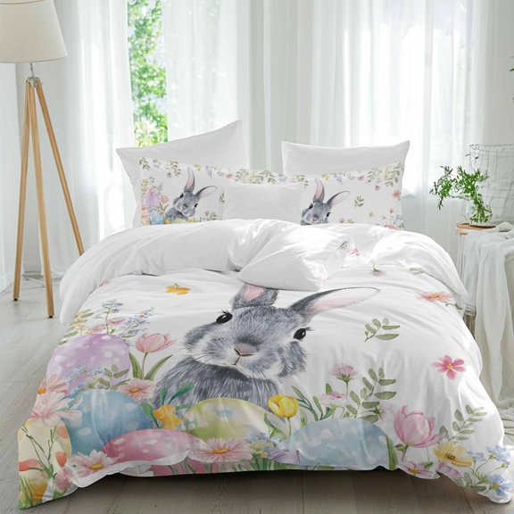 Queen 4 Piece Bedding Set Easter Rabbit Spring Flower Leaf Soft Breathable Duvet Cover and Pillowcase, Blue Pink Green Purple Egg Duvet Cover Set Bed Sheets for Bedroom Dormitory Guest Room
