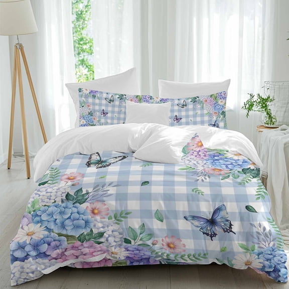 Queen 4 Piece Bedding Set Embroidered Balls Flower Butterflies Soft Breathable Duvet Cover and Pillowcase,Blue White Buffalo Plaid Duvet Cover Set Washable Bed Sheets for Bedroom Dormitory Guest Room