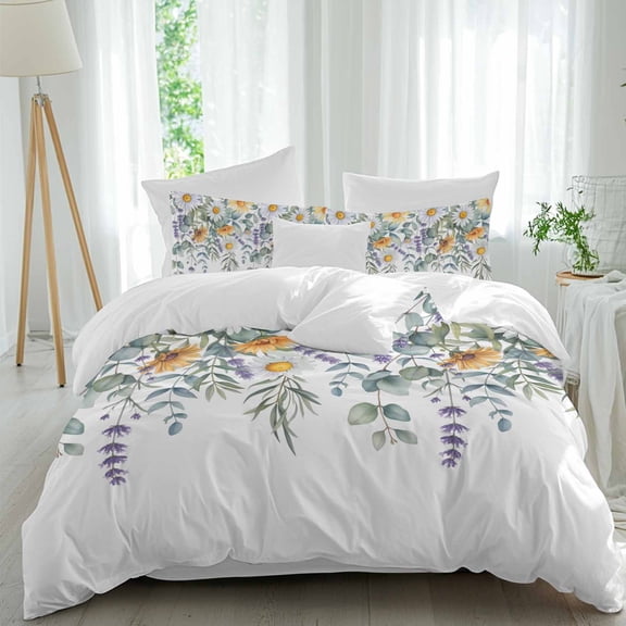 Queen 4 Piece Bedding Set Farm Daisy Lavender Eucalyptus Soft Breathable Duvet Cover and Pillowcase,Watercolor Botanical Flower Duvet Cover Set Washable Bed Sheets for Bedroom Dormitory Guest Room