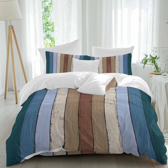 Queen 4 Piece Bedding Set Farm Dark Blue Wood Board Soft Breathable Duvet Cover and Pillowcase,Vintage Wooden Grain Duvet Cover Set Washable Bed Sheets for Bedroom Dormitory Guest Room