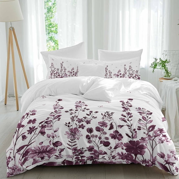 Queen 4 Piece Bedding Set Farm Flower Leaf Dark Red Ink Style Soft Breathable Duvet Cover and Pillowcase,Still Life Duvet Cover Set Washable Bed Sheets for Bedroom Dormitory Guest Room