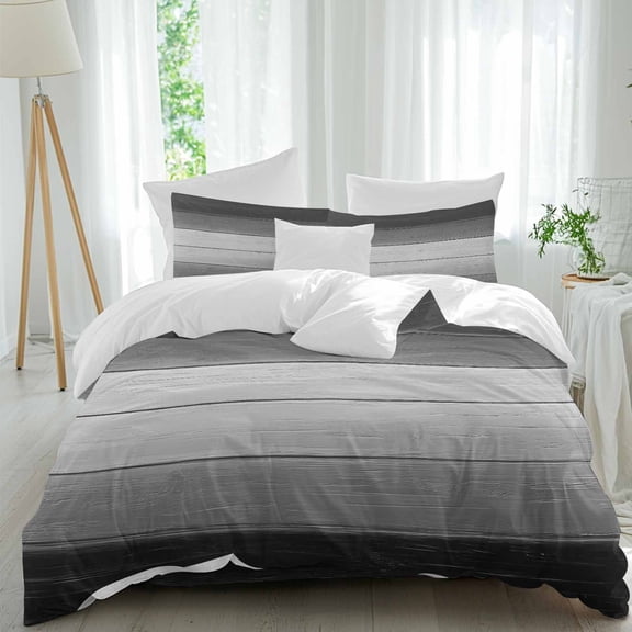 Queen 4 Piece Bedding Set Farm Gradient Wood Grain Soft Breathable Duvet Cover and Pillowcase,Black White Grey Stripe Duvet Cover Set Washable Bed Sheets for Bedroom Dormitory Guest Room
