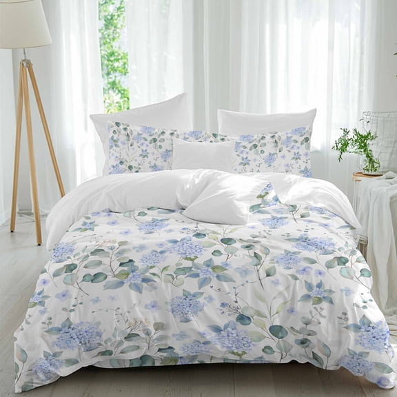 Queen 4 Piece Bedding Set Farm Hydrangea Flower Blue Soft Breathable Duvet Cover and Pillowcase,Country Eucalyptus Leaf Floral Duvet Cover Set Washable Bed Sheets for Bedroom Dormitory Guest Room