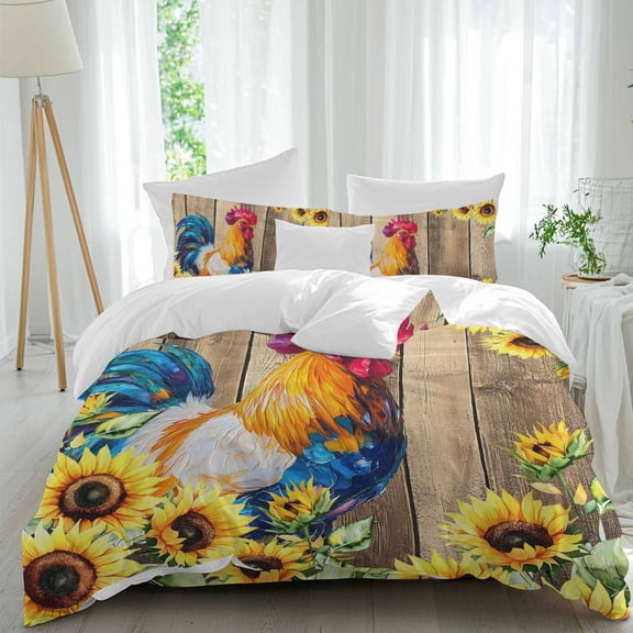 Queen 4 Piece Bedding Set Farm Rooster Animal Sunflower Soft Breathable Duvet Cover and Pillowcase,Brown Wood Board Duvet Cover Set Washable Bed Sheets for Bedroom Dormitory Guest Room