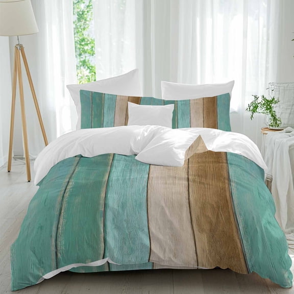 Queen 4 Piece Bedding Set Farm Teal Gradient Wood Board Soft Breathable Duvet Cover and Pillowcase,Brown Plank Duvet Cover Set Washable Bed Sheets for Bedroom Dormitory Guest Room