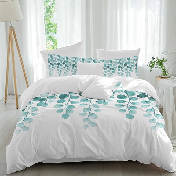 Queen 4 Piece Bedding Set Farm Turquoise Eucalyptus Leaf Soft Breathable Duvet Cover and Pillowcase,Abstract Watercolor Foliage Duvet Cover Set Washable Bed Sheets for Bedroom Dormitory Guest Room