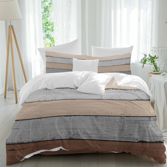 Queen 4 Piece Bedding Set Farm Vintage Gray Wood Grain Soft Breathable Duvet Cover and Pillowcase,Farmhouse Wooden Board Duvet Cover Set Washable Bed Sheets for Bedroom Dormitory Guest Room