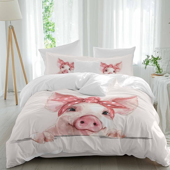 Queen 4 Piece Bedding Set Farm Watercolor Pink Pig Soft Breathable Duvet Cover and Pillowcase, Cartoon Animal Duvet Cover Set Bed Sheets for Bedroom Dormitory Guest Room